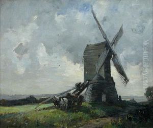 Heavy Horses And A Cart By A Windmill At Sunset by James Wallace