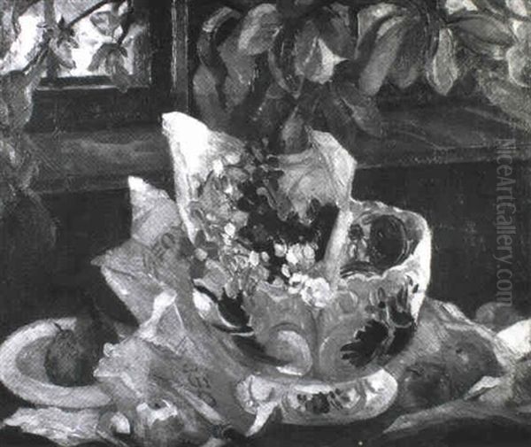 Still Life With Plant In A China Bowl And Fruit On A Table - view 1