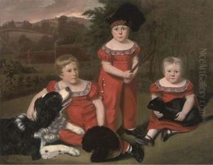 Portrait Of Three Children With A Landseer Dog And Black Cat, In A Highland Garden by William Wallace