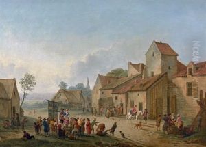 Marchand De Gravures Ambulant Et Personnages Dans La Cour D'une Ferme (pair) by Pierre-Joseph Wallaert