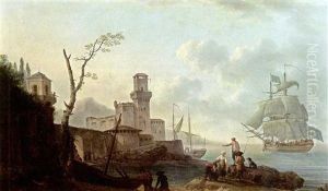 A Mediterranean Bay With Two Sailing Vessels, And Fishermen With Their Nets And Boat And Other Figures In The Foreground, A View Of A Harbour Town With A Castle And A Lighthouse On The Left by Pierre-Joseph Wallaert
