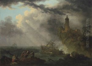 Naufrage Par Gros Temps, Survivants Sur Un Rocher, Un Phare A L'arriere-plan