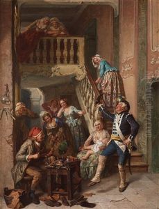 Mollberg Holl Flaskan Och Bredstrom Satt Mitt Emot Dorren by Josef Wilhelm Wallander