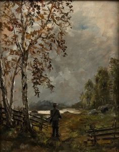 Hunter In Autumn Landscape by Otto Vladimir Wallenius