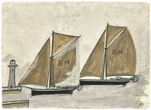 Two Sailing Ships And Lighthouse by Alfred Wallis