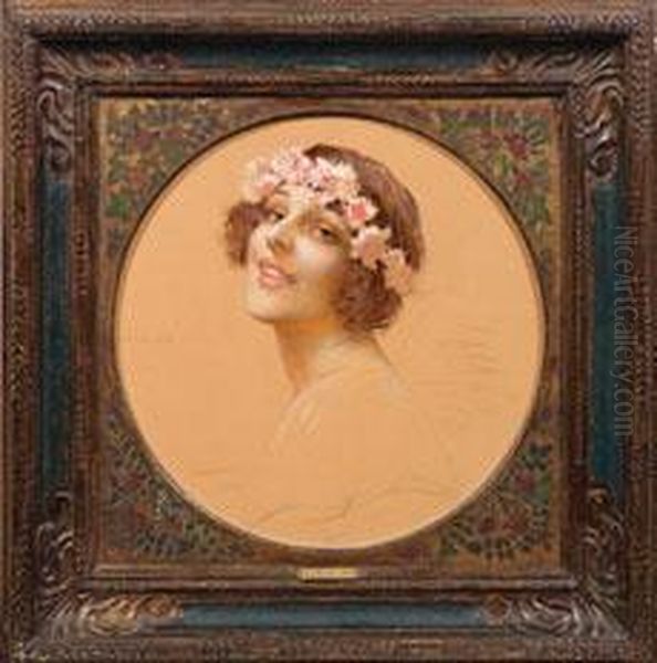 Jugendstil-portraiteiner Jungen Dame Mit Blutenkranz Im Haar - view 1