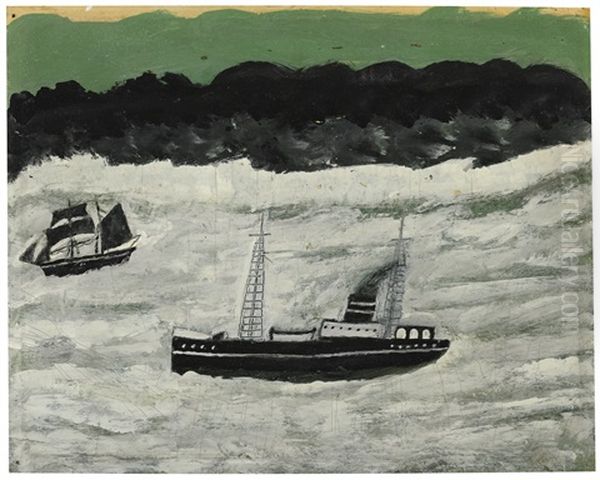 Steamer And Sailing Boat Along Coast - view 1