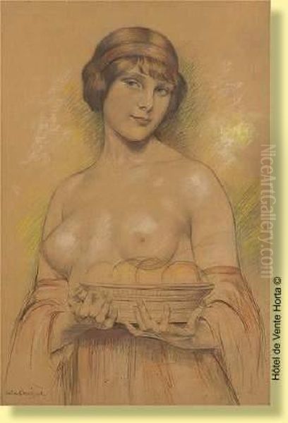 Jeune Femme Au Torse Nu Et Panier De Fruits - view 1