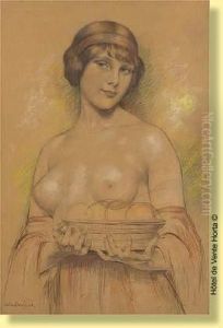 Jeune Femme Au Torse Nu Et Panier De Fruits by Gustave Brisgand