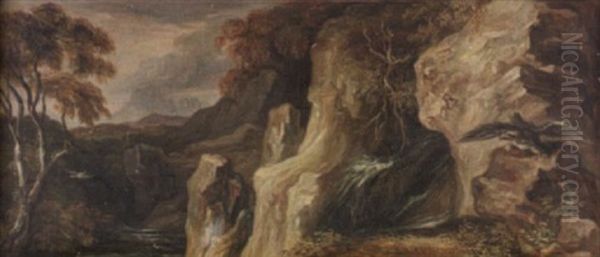 Idealisierte Landschaft Mit Felsmassiv Und Wasserall - view 1