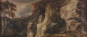 Idealisierte Landschaft Mit Felsmassiv Und Wasserall by George Augustus Wallis