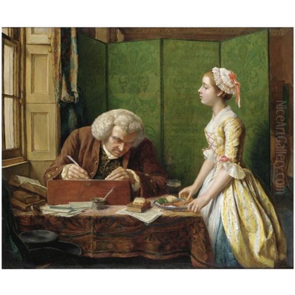 Dr Johnson At Cave's, The Publisher. Johnson, Too Ragged To Appear At Cave's Table, Has A Plate Of Victuals Sent To Him Behind The Screen - view 1