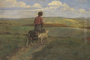 Madchen Mit Ziegen Auf Dem Heimweg by Franz Wallischeck
