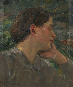 Brustbild Einer Jungen Frau Im Profil Nach Rechts Mit Aufgestutztem Kopf, Vor Baumen by Franz Wallischeck