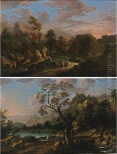 A Stormy River Landscape With Waterfalls And A Traveller On A Path by Carlo Brisighella