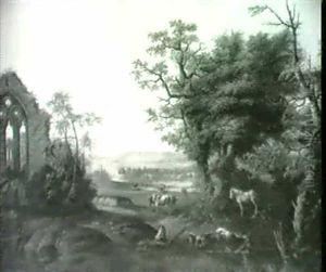 Hirte Mit Vieh In Flusslandschaft, Links Eine Gotische Kirchenruine, Rechts Wald Hirte Mit Vieh In Flusslandschaft, Links Eine Gotische Kirchenruine, Rechts Wald