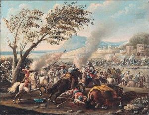A Cavalry Battle Between Turks And Christians Before A Fortified Town