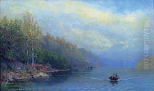 Batar Pa Sjo, Vid Stranden Stugor by Carl Gustaf Wallstroem