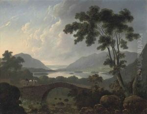 An Extensive Landscape In The Lake District With A Horse-drawn Cart Crossing A Bridge An Extensive Landscape In The Lake District With A Horse-drawn Cart Crossing A Bridge