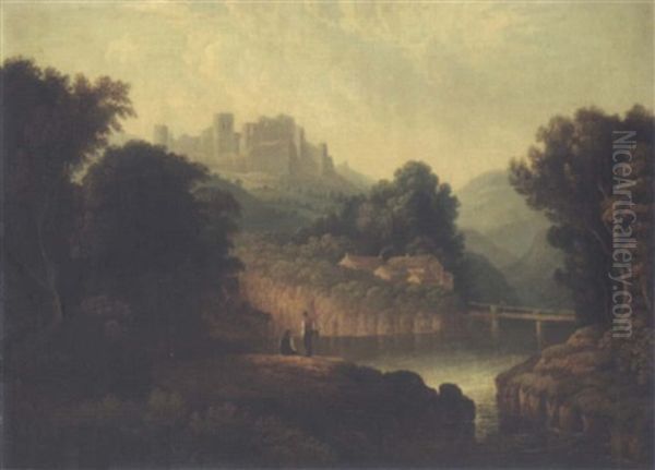 A River Landscape With Fishermen In The Foreground And A Ruined Castle On A Hill Beyond - view 1