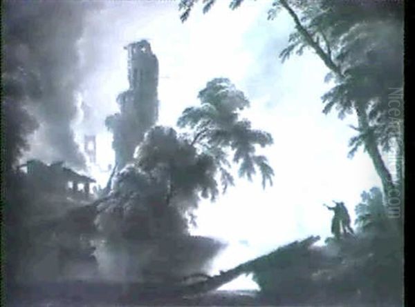 A Moonlit Coastal Landscape With Buildings Burning - view 1