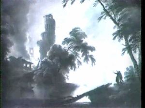 A Moonlit Coastal Landscape With Buildings Burning by Thomas Walmsley