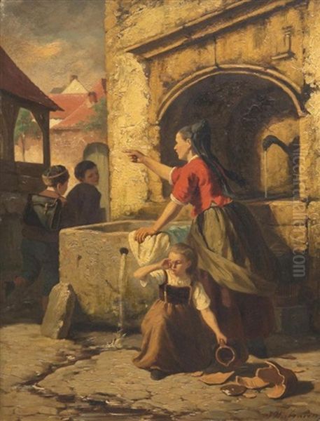 Scene A La Petite Fille Au Pot Casse Avec Femme Au Lavoir Et Enfants Turbulents - view 1