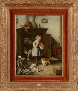Fillette Et Ses Chats Dans Un Interieur