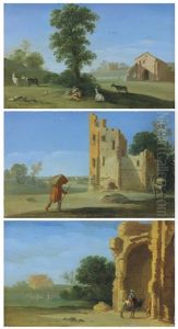 An Italianate Landscape With A Goatherd Resting Beneath A Tree; An Italianate Landscape With A Traveller Near A Ruined Building; And An Italianate Landscape With Travellers Near A Ruined Building, A Villa Beyond by Goffredo Wals