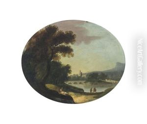 A River Landscape With Figures; And A River Landscape With A Bridge In The Distance by Goffredo Wals