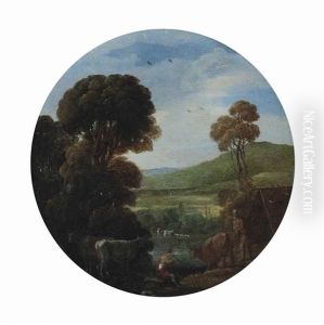 A Wooded River Landscape With Drovers And Their Cattle