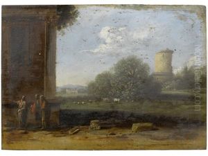 An Italianate Landscape With Figures Conversing In The Foreground
