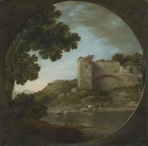 An Italianate River Landscape With Shepherds Watering Their Flock Beneath A Ruin by Goffredo Wals