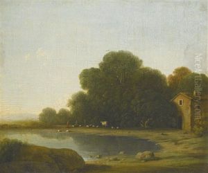 Landscape With A Herdsman Watering His Animals On The Shore Of A Lake, A Farmhouse On The Right by Goffredo Wals