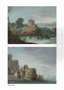 An Italianate Landscape With A Round, Blind Colonade Temple, Drovers With Their Cattle By Cascades And A Coastal Capriccio With A Ruined Tower (pair)