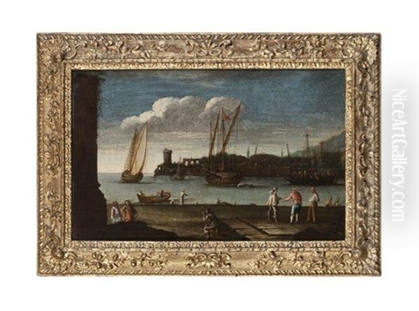 Vue D'un Port Mediterraneen Anime De Personnages Et De Bateaux Au Mouillage - view 1