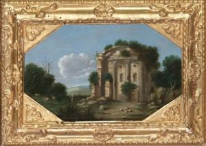 An Italianate Landscape With A Ruined Roman Wall And Tower, And A River With An Overhanging Tree; An Italianate Landscape With A Shepherd And Animals By A Ruined Roman Circular Temple (pair) by Goffredo Wals