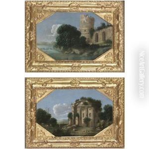 An Italianate Landscape With A Ruined Roman Wall And Tower, And A River With An Overhanging Tree (+ Another; Pair) by Goffredo Wals