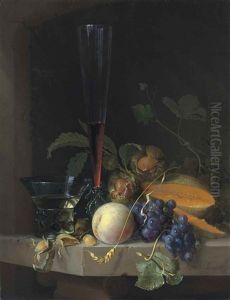 Grapes, Chestnuts And A Cantaloupe With A Roemer And A Facon De Venise Wine Glass On A Stone Ledge