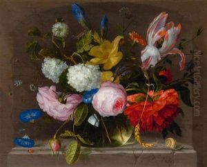 Still Life Of Flowers In A Vase On A Stone Plinth With Insects by Jacob van Walscapelle