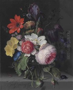 A Peony, An Iris, A Poppy, Anemones, Morning Glory And Other Flowers, In A Glass Vase, With A Caterpillar, A Beetle And Other Insects, On A Stone Ledge by Jacob van Walscapelle
