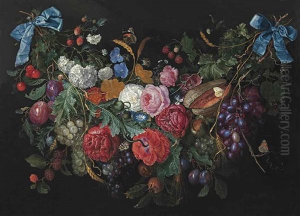 A Garland Of Flowers And Fruit With A Snail And Butterflies - view 1