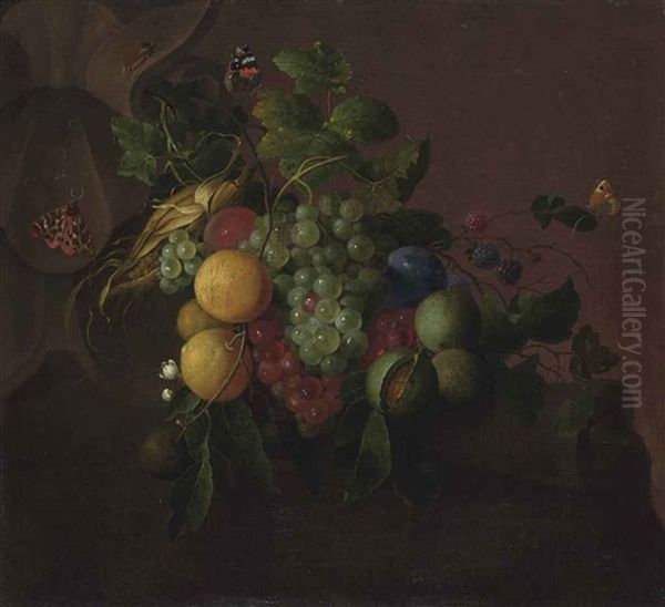 Grapes, Oranges, Walnuts, Corn, Berries And Plums, With Butterflies, A Beetle And A Cockroach Resting On An Architectural Element - view 1