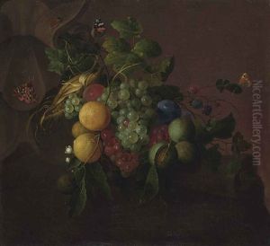 Grapes, Oranges, Walnuts, Corn, Berries And Plums, With Butterflies, A Beetle And A Cockroach Resting On An Architectural Element by Jacob van Walscapelle