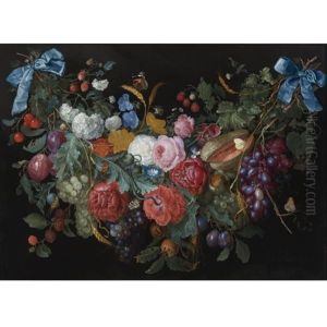 A Garland Of Flowers And Fruit Bound Together At The Ends With Blue Ribbon And Hanging From Two Nails by Jacob van Walscapelle