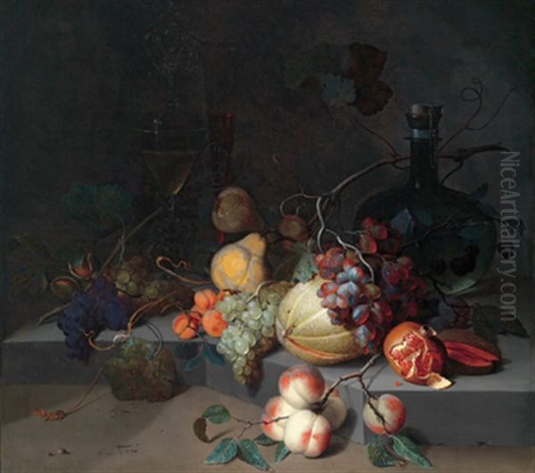 Stillleben Mit Melone, Weintrauben, Birnen, Granatapfeln Und Pfirsichen Auf Einer Steinplatte, Ein Glaspokal A La Facon De Venise Im Hintergrund - view 1