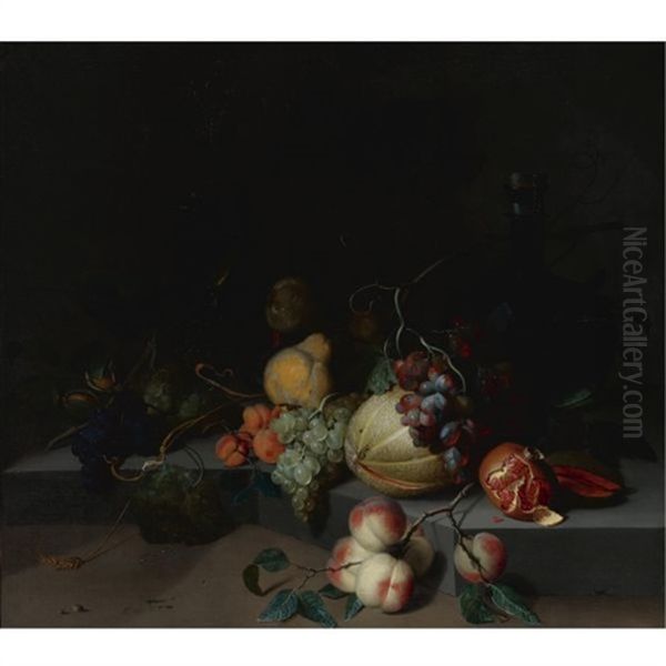 Grapes, Pears, A Melon And A Pomegranate On A Stone Ledge, With A Facon-de-venise Glass, A Tall Wine Glass, A Glass Bottle With A Silver Top And Peaches On A Branch - view 1