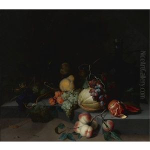 Grapes, Pears, A Melon And A Pomegranate On A Stone Ledge, With A Facon-de-venise Glass, A Tall Wine Glass, A Glass Bottle With A Silver Top And Peaches On A Branch by Jacob van Walscapelle