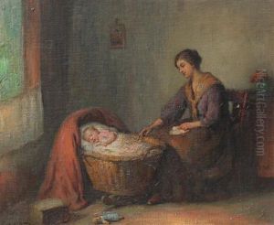 Interior Scene With Young Mother Rocking Child To Sleep In A Cradle