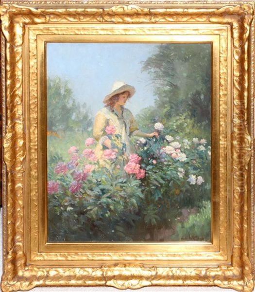 Lady Wearing A Straw Hat And Tending To Flowers - view 1